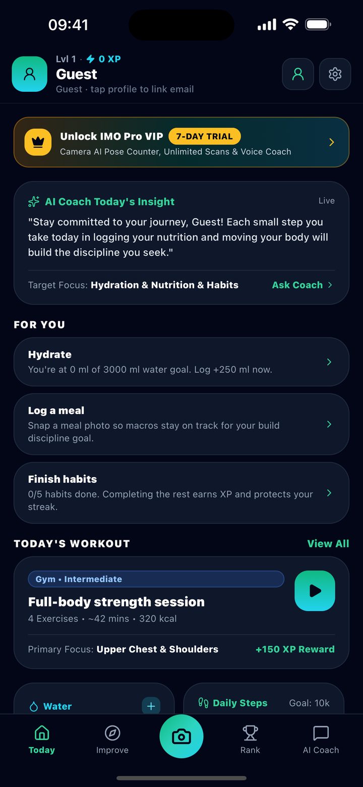 Healthy Habbits AI Today dashboard with workout, water, and AI coach insight