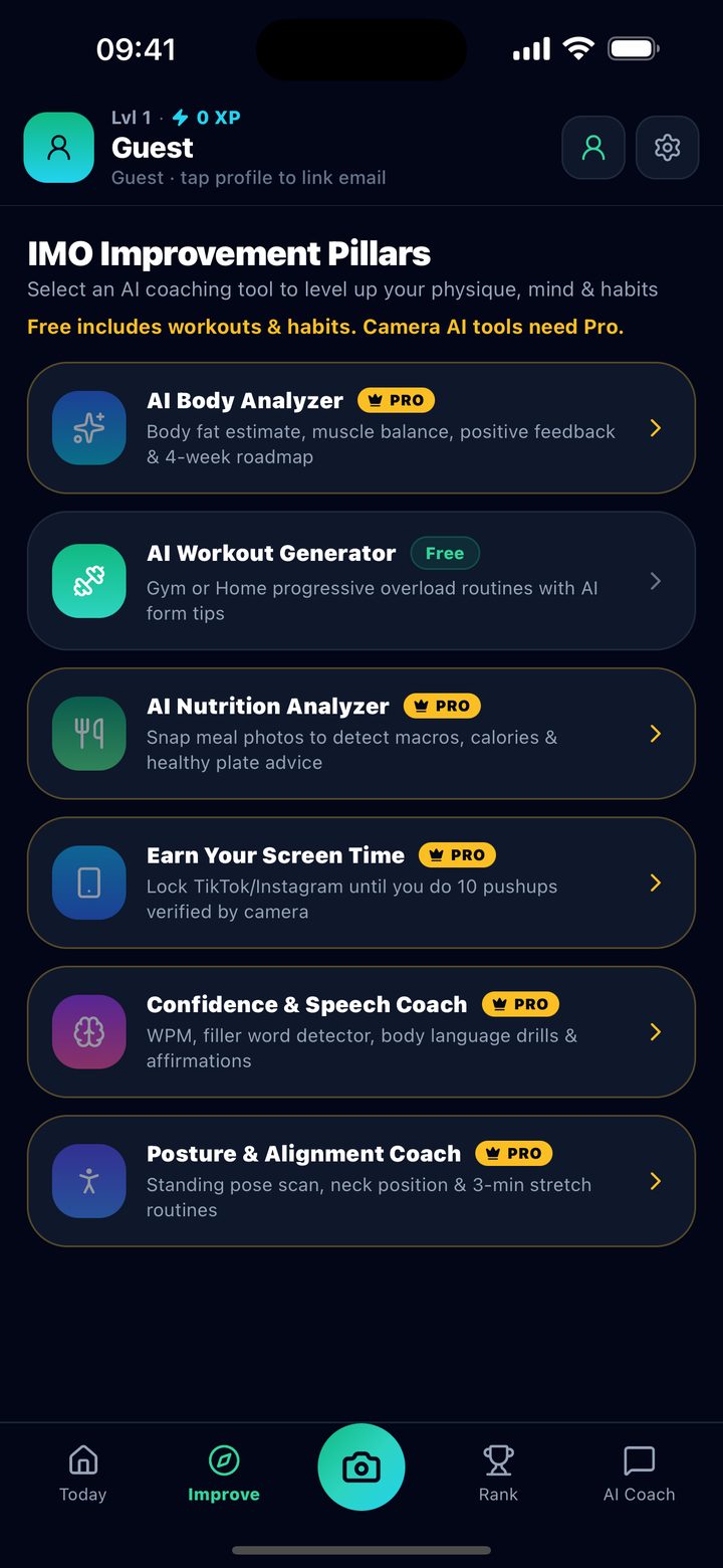 Improvement hub with meal scan, body coaching, workouts, and posture