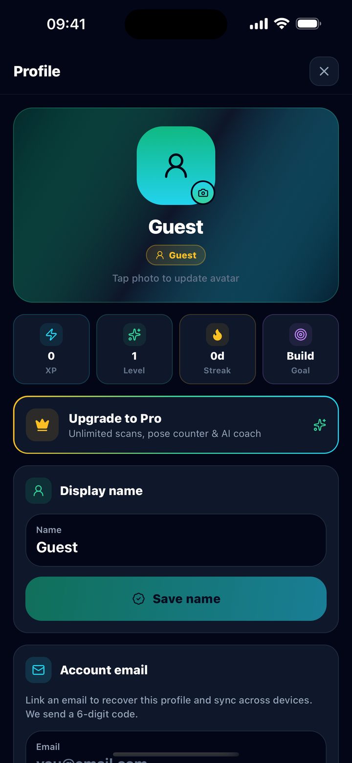 Profile with XP, level, streak, and goal